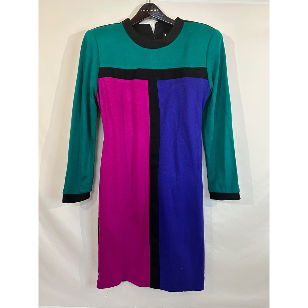 VTG Dawn Joy Fashions Woman's Color Block Stretch Acrylic Sweater Dress Size 11